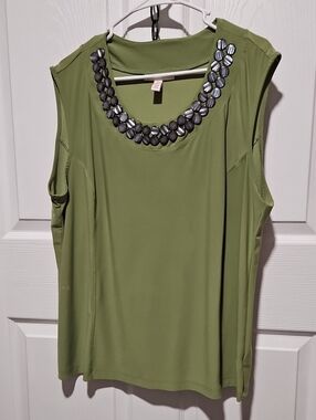 JM Collection Olive Green Jewel-Trim Sleeveless Tank